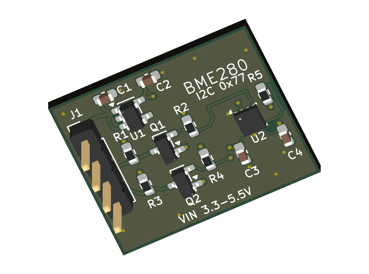 KiCad top view of bme280 breakout generated by GPT-6.1 Sol. Passed recorded checks.