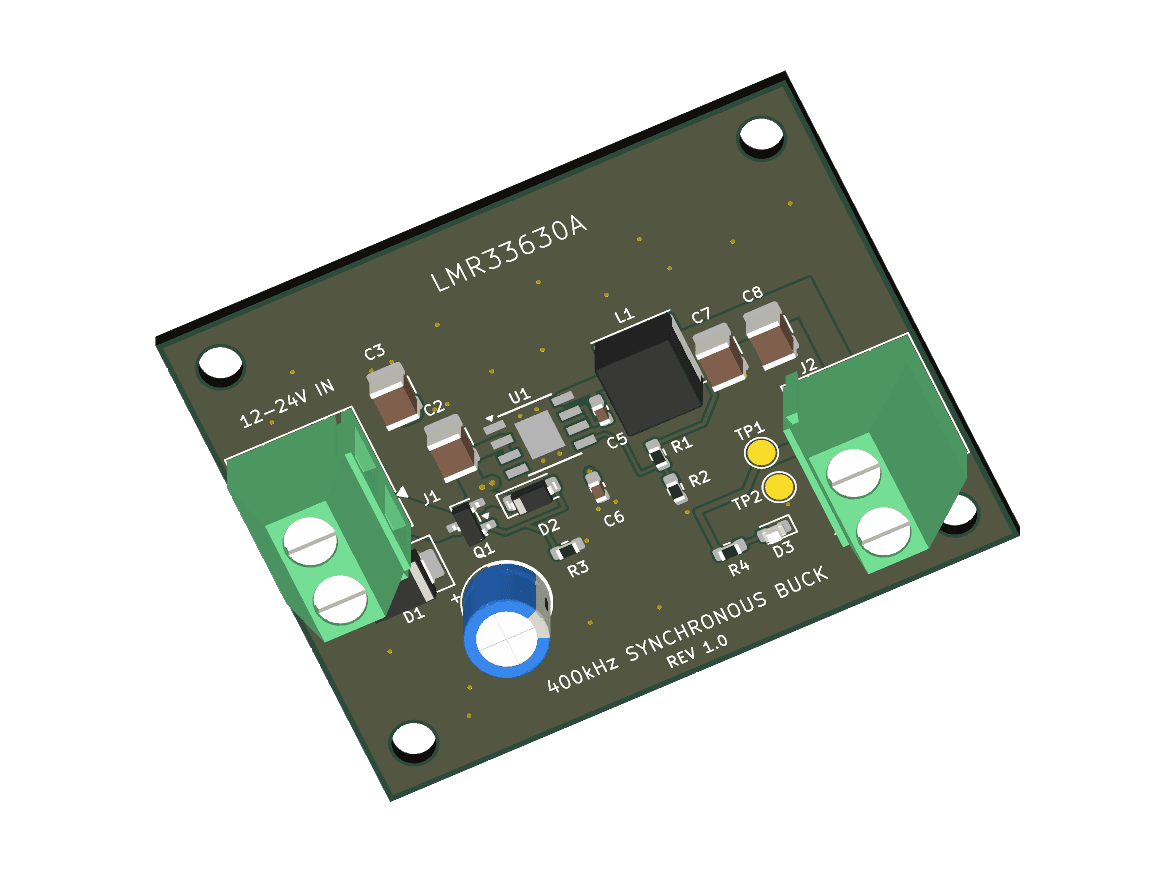 KiCad top view of buck 24v 5v 3a generated by GPT-6.1 Sol. Did not pass all checks.