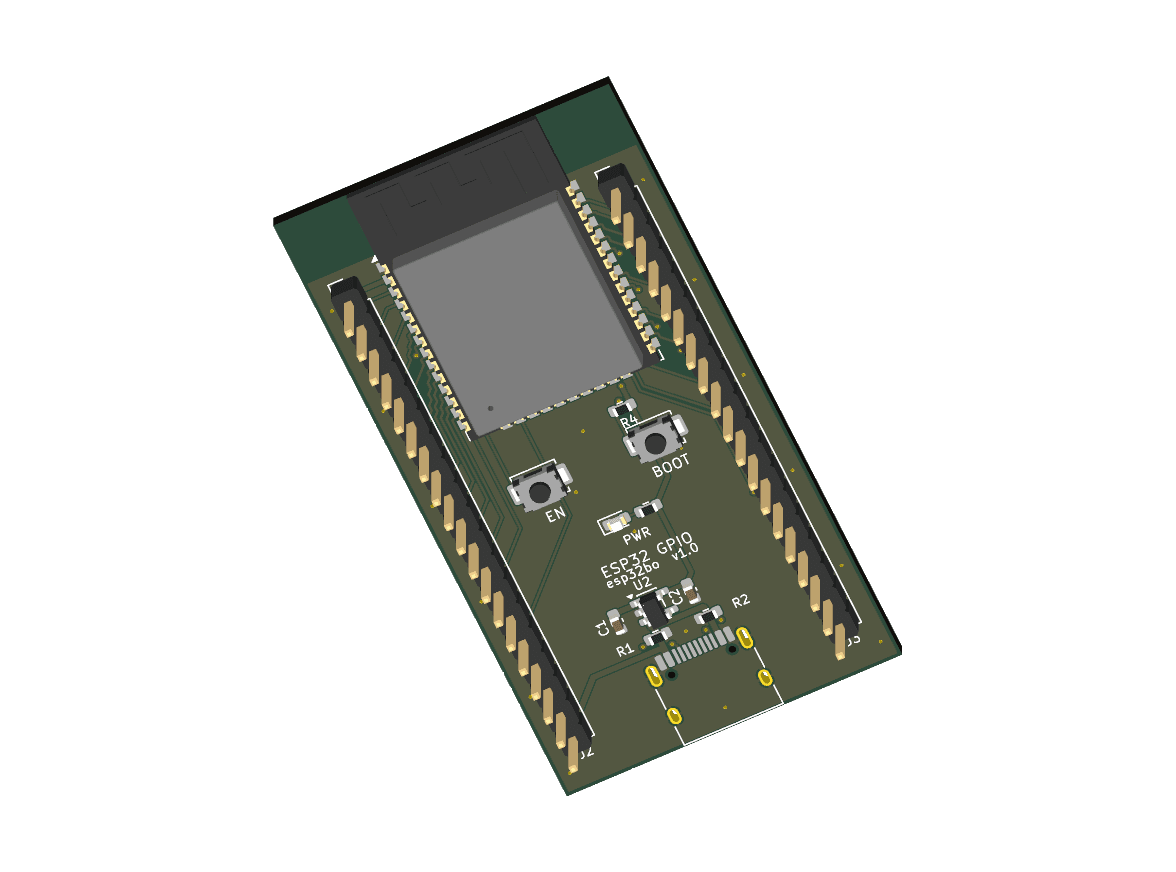 KiCad top view of esp32 wroom breakout generated by GPT-6.1 Sol. Passed recorded checks.