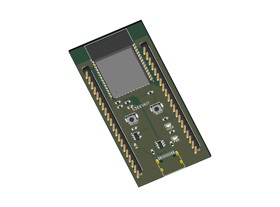 KiCad top view of esp32s3 devkit generated by GPT-6.1 Sol. Did not pass all checks.