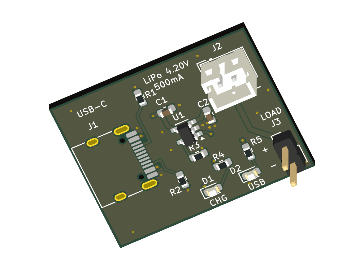 KiCad top view of lipo charger usbc generated by GPT-6.1 Sol. Did not pass all checks.