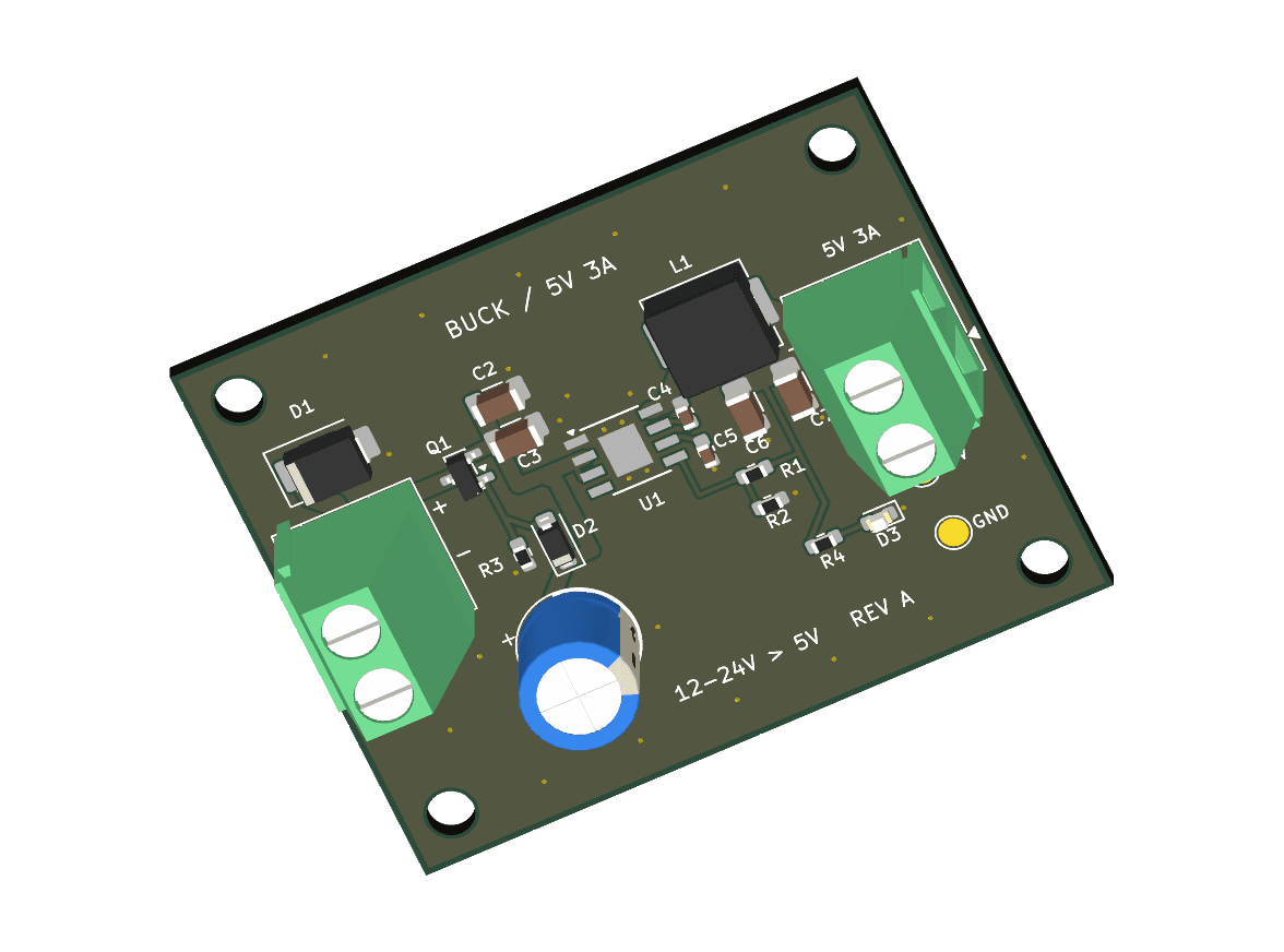 KiCad top view of buck 24v 5v 3a generated by GPT-6 Astra. Did not pass all checks.