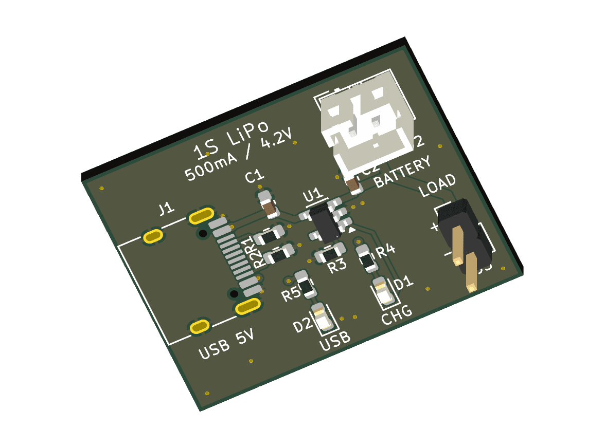 KiCad top view of lipo charger usbc generated by GPT-6 Astra. Did not pass all checks.