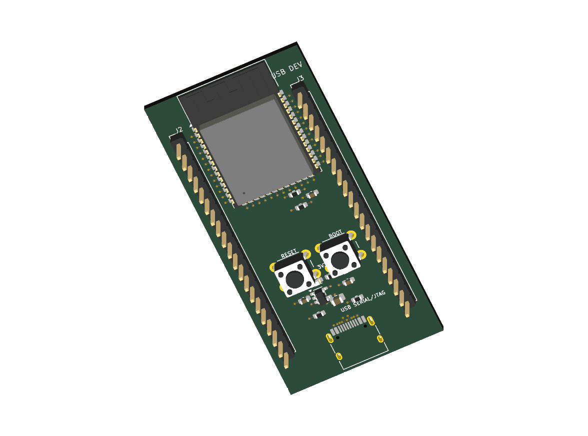KiCad top view of esp32s3 devkit generated by GPT-6 Luna. Did not pass all checks.