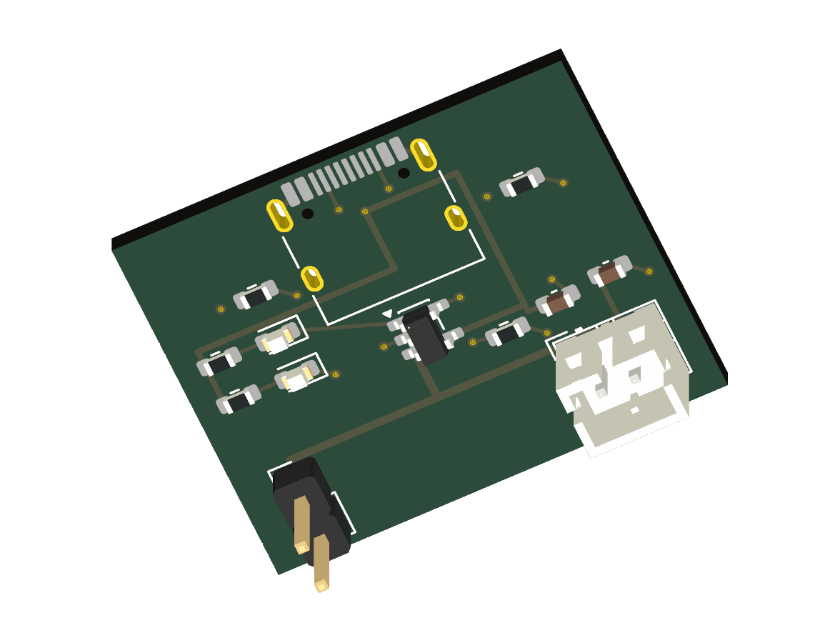 KiCad top view of lipo charger usbc generated by GPT-6 Luna. Did not pass all checks.
