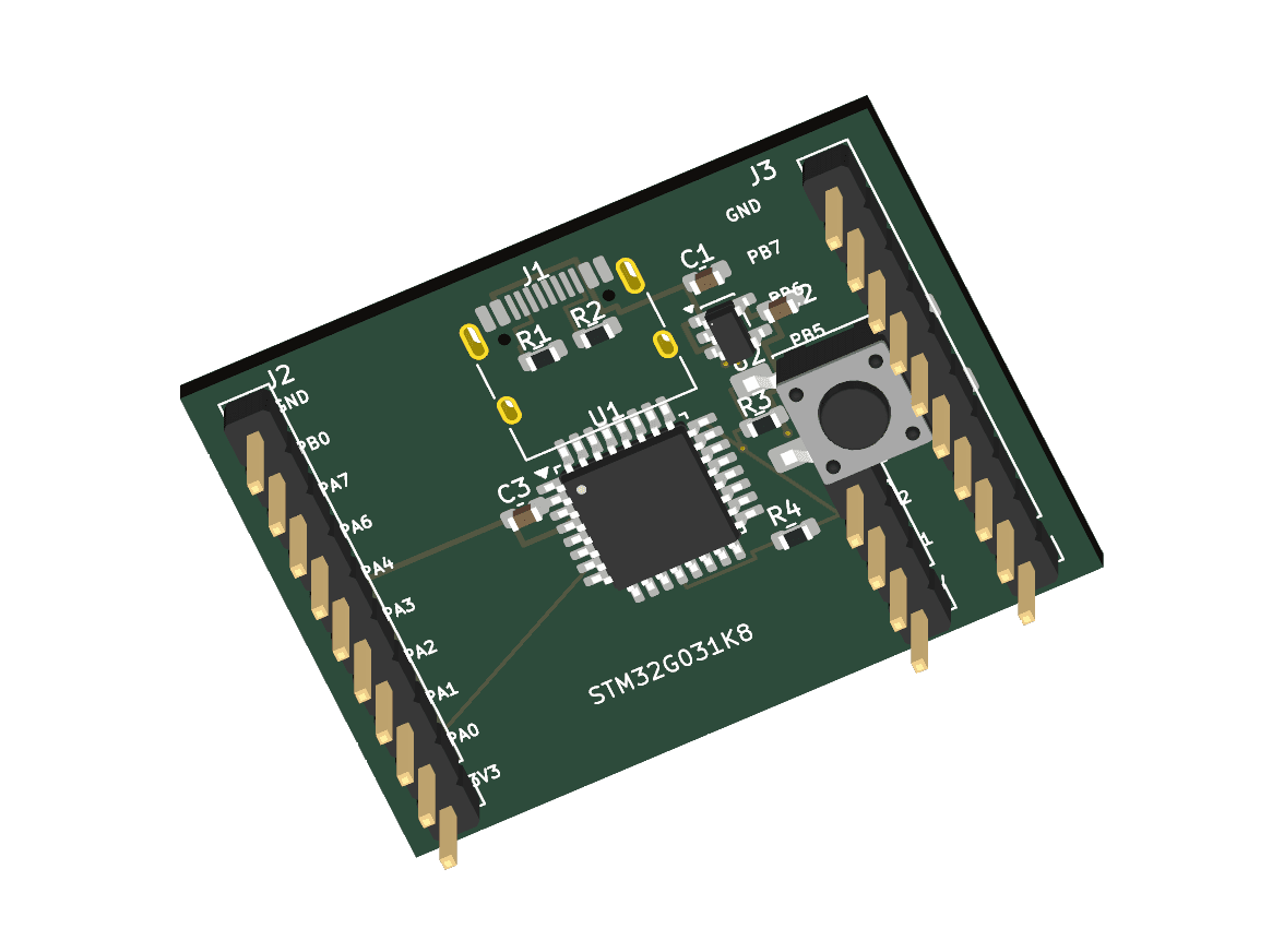 KiCad top view of stm32g031 mini generated by GPT-6 Luna. Did not pass all checks.