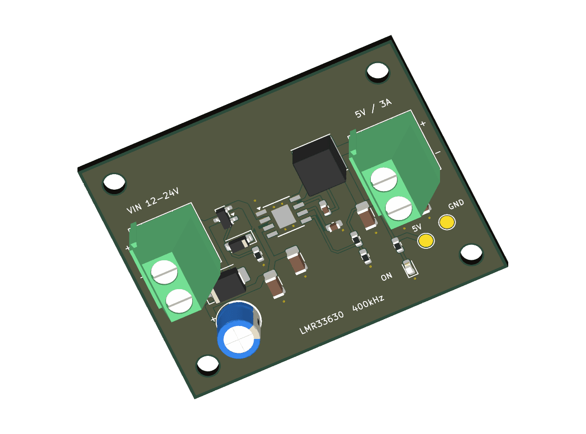 KiCad top view of buck 24v 5v 3a generated by GPT-6 Sol. Did not pass all checks.