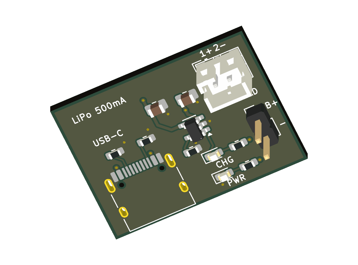 KiCad top view of lipo charger usbc generated by GPT-6 Sol. Did not pass all checks.
